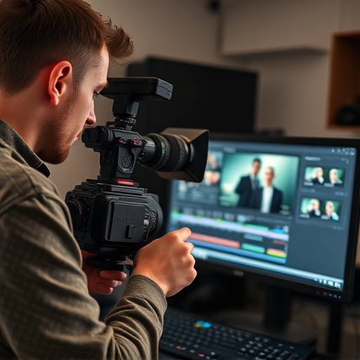Billede af en videoredigerer der arbejder på en computer med videoredigeringssoftware